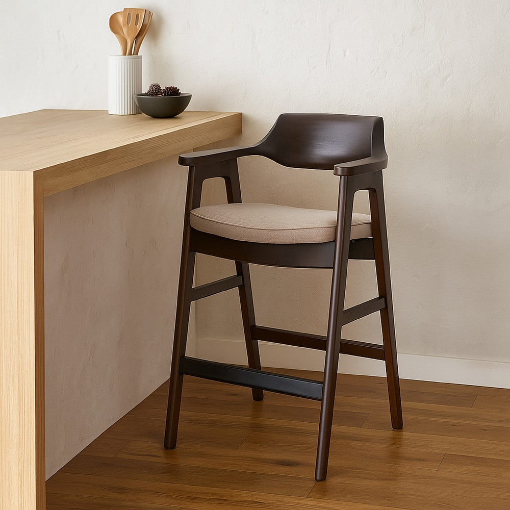 Benjara Zsy Barstool Chair w Curved Back, Java Brown Birch Wood, Sand White