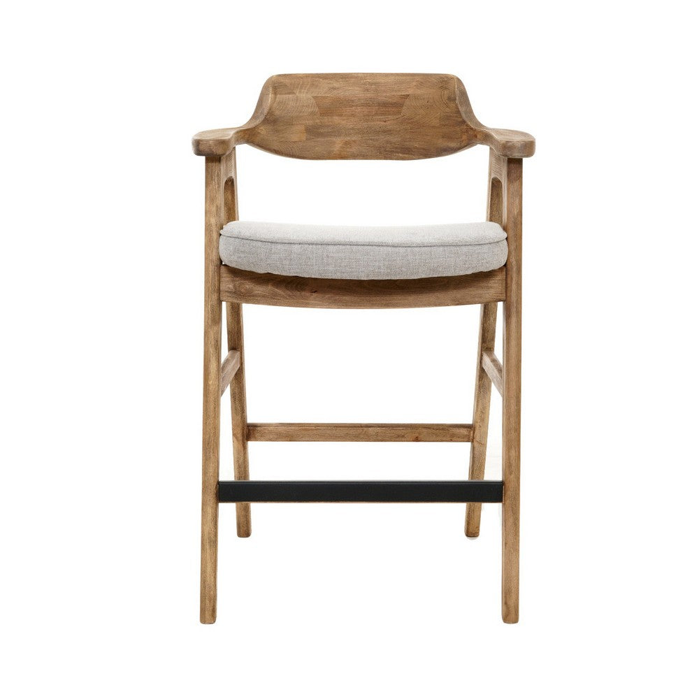 Benjara Zsy Barstool Chair w Curved Back, Natural Brown Birch Wood, Anew Gray
