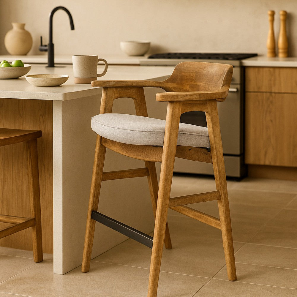 Benjara Zsy Barstool Chair w Curved Back, Natural Brown Birch Wood, Anew Gray