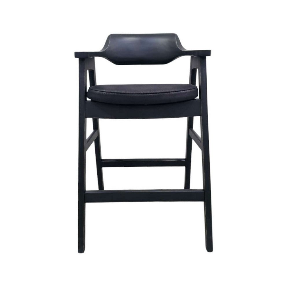 Benjara Zsy Barstool Chair, Curved Back, Black Birch Wood And Faux Leather