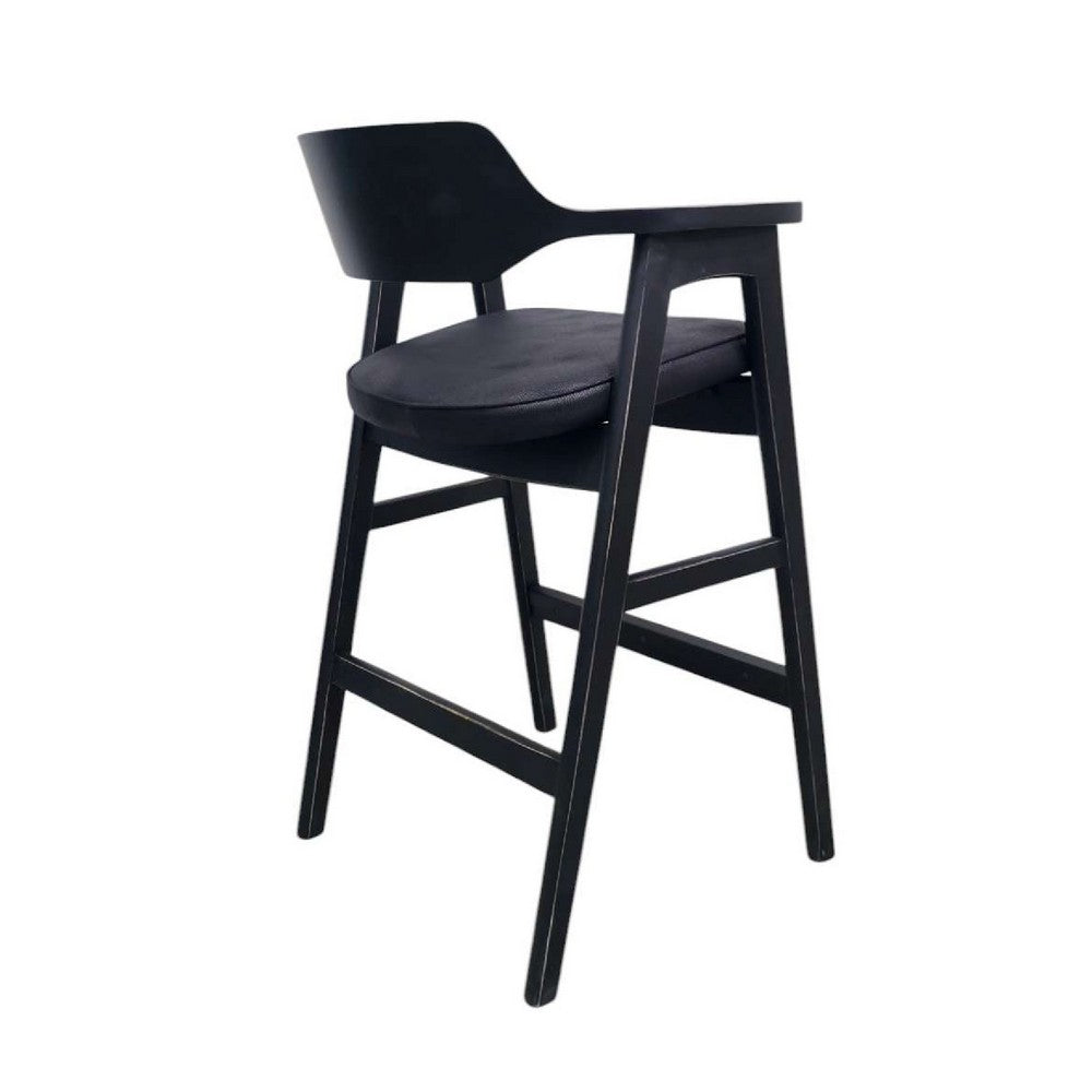 Benjara Zsy Barstool Chair, Curved Back, Black Birch Wood And Faux Leather