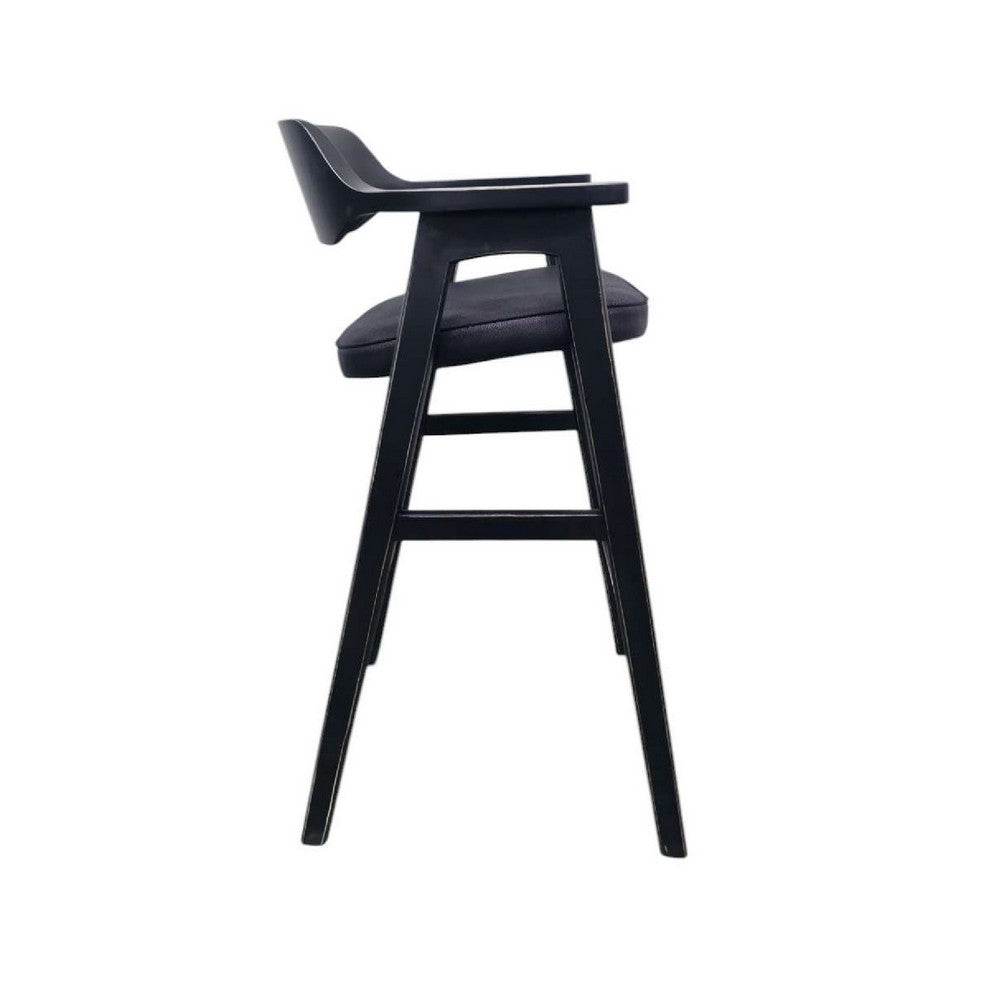 Benjara Zsy Barstool Chair, Curved Back, Black Birch Wood And Faux Leather