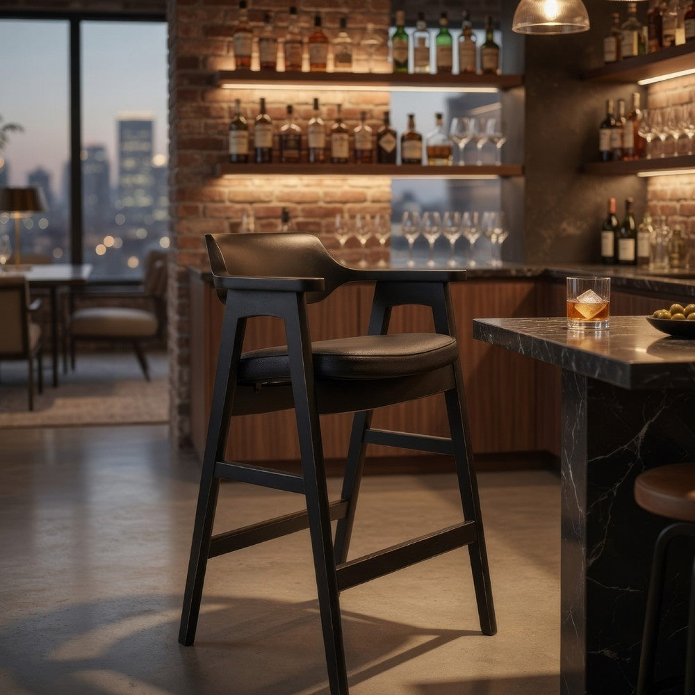 Benjara Zsy Barstool Chair, Curved Back, Black Birch Wood And Faux Leather