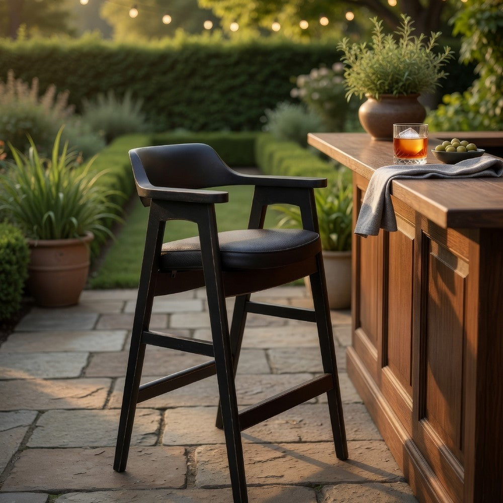 Benjara Zsy Barstool Chair, Curved Back, Black Birch Wood And Faux Leather