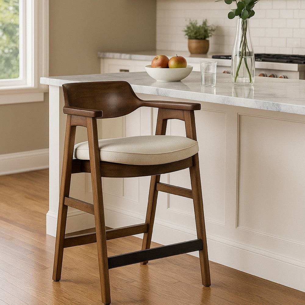 Benjara Zsy Counter Stool Chair, Open Back, Java Brown Birch Wood, Sand White
