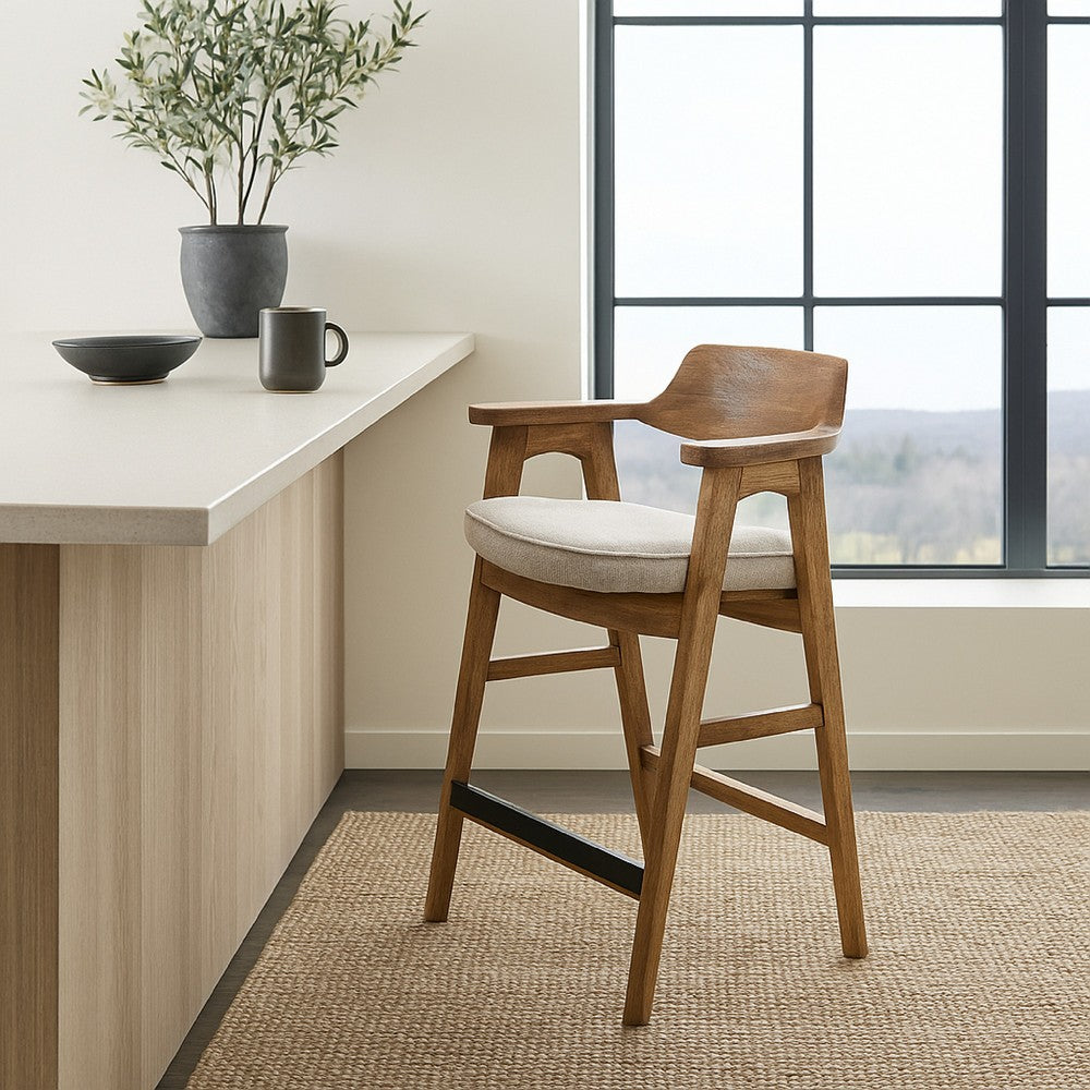 Benjara Zsy Counter Stool Chair, Open Back Natural Brown Birch Wood, Anew Gray