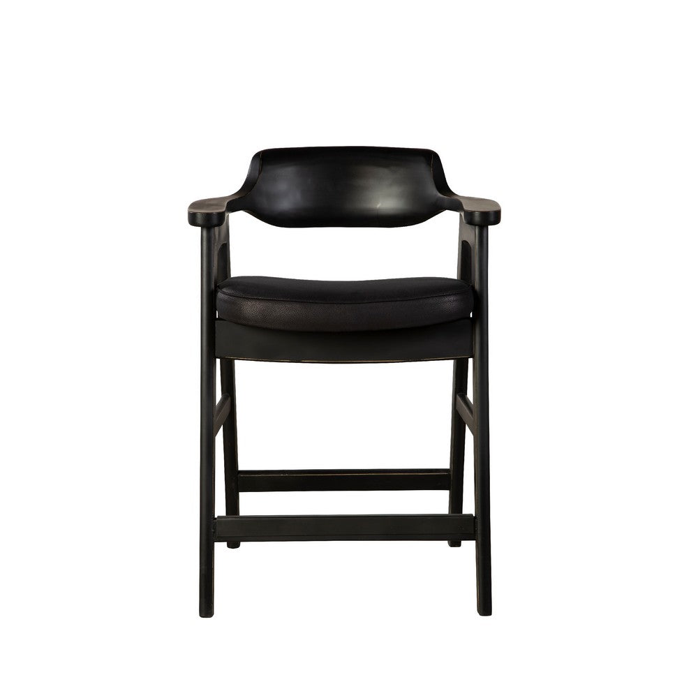 Benjara Zsy Counter Stool Chair, Open Back, Black Birch Wood And Faux Leather