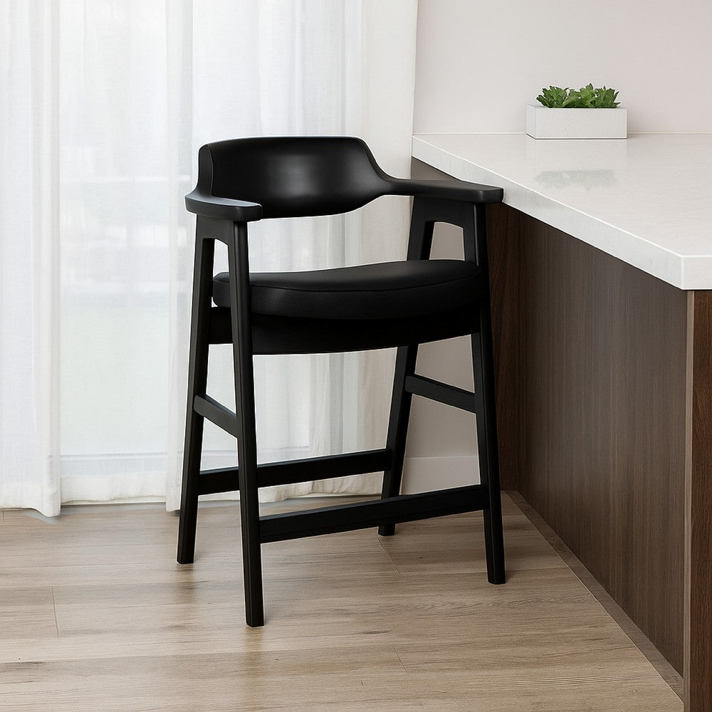 Benjara Zsy Counter Stool Chair, Open Back, Black Birch Wood And Faux Leather