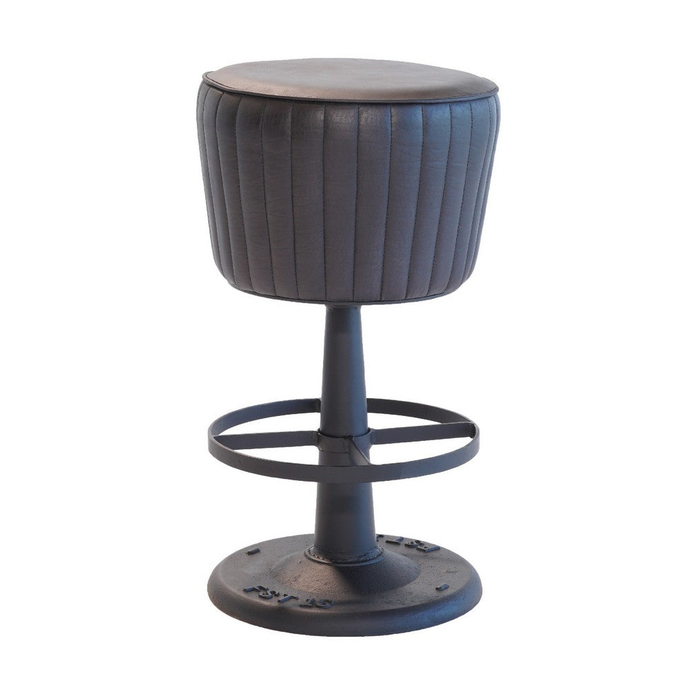 Benjara Myra Mushroom Counter Stool, Black Ribbed Leather, Dark Gray Iron Base
