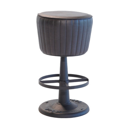 Benjara Myra Mushroom Counter Stool, Black Ribbed Leather, Dark Gray Iron Base