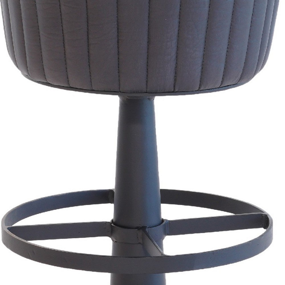 Benjara Myra Mushroom Counter Stool, Black Ribbed Leather, Dark Gray Iron Base
