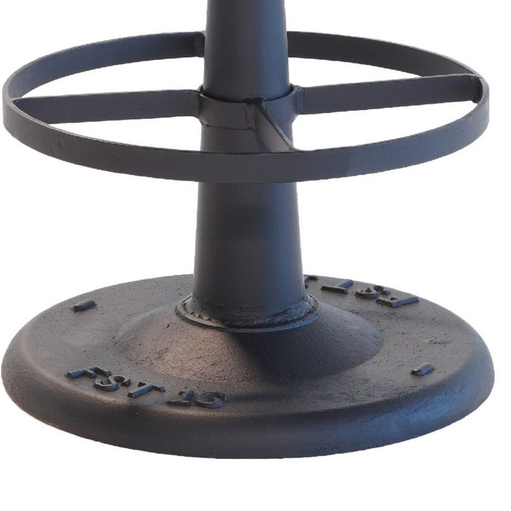 Benjara Myra Mushroom Counter Stool, Black Ribbed Leather, Dark Gray Iron Base