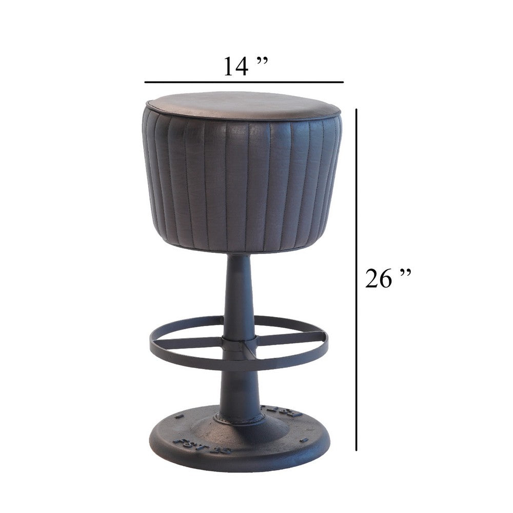 Benjara Myra Mushroom Counter Stool, Black Ribbed Leather, Dark Gray Iron Base