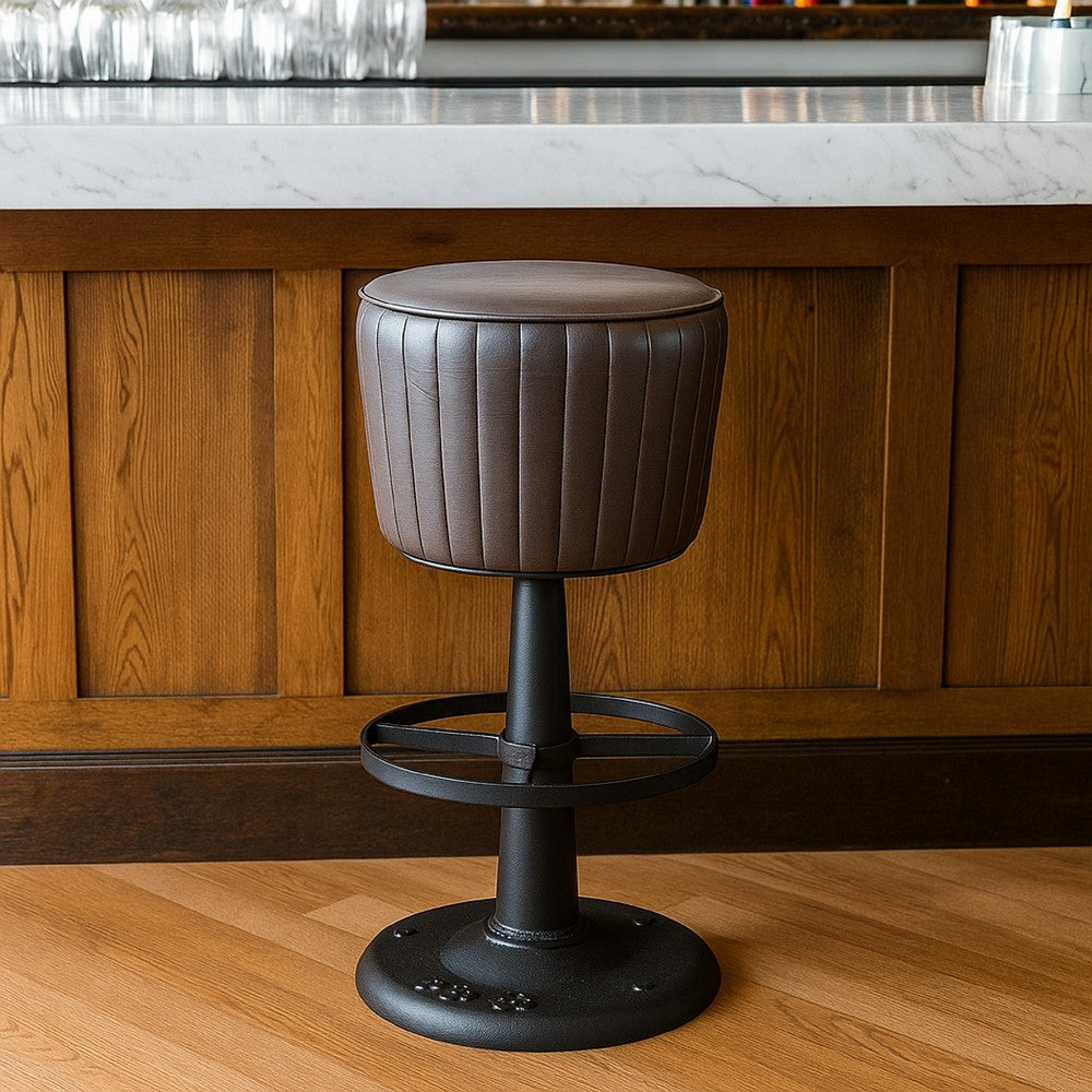 Benjara Myra Mushroom Counter Stool, Black Ribbed Leather, Dark Gray Iron Base