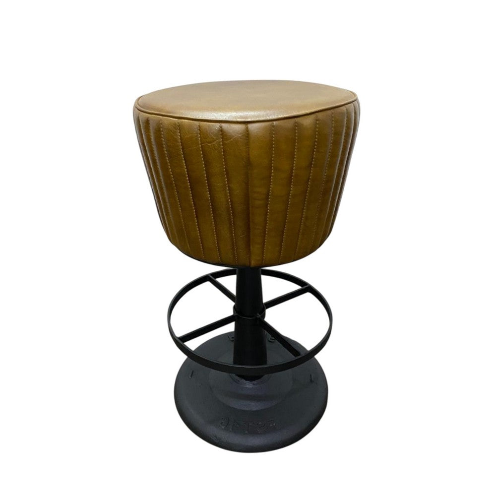 Benjara Myra Mushroom Counter Stool, Brown Ribbed Leather, Dark Gray Iron Base