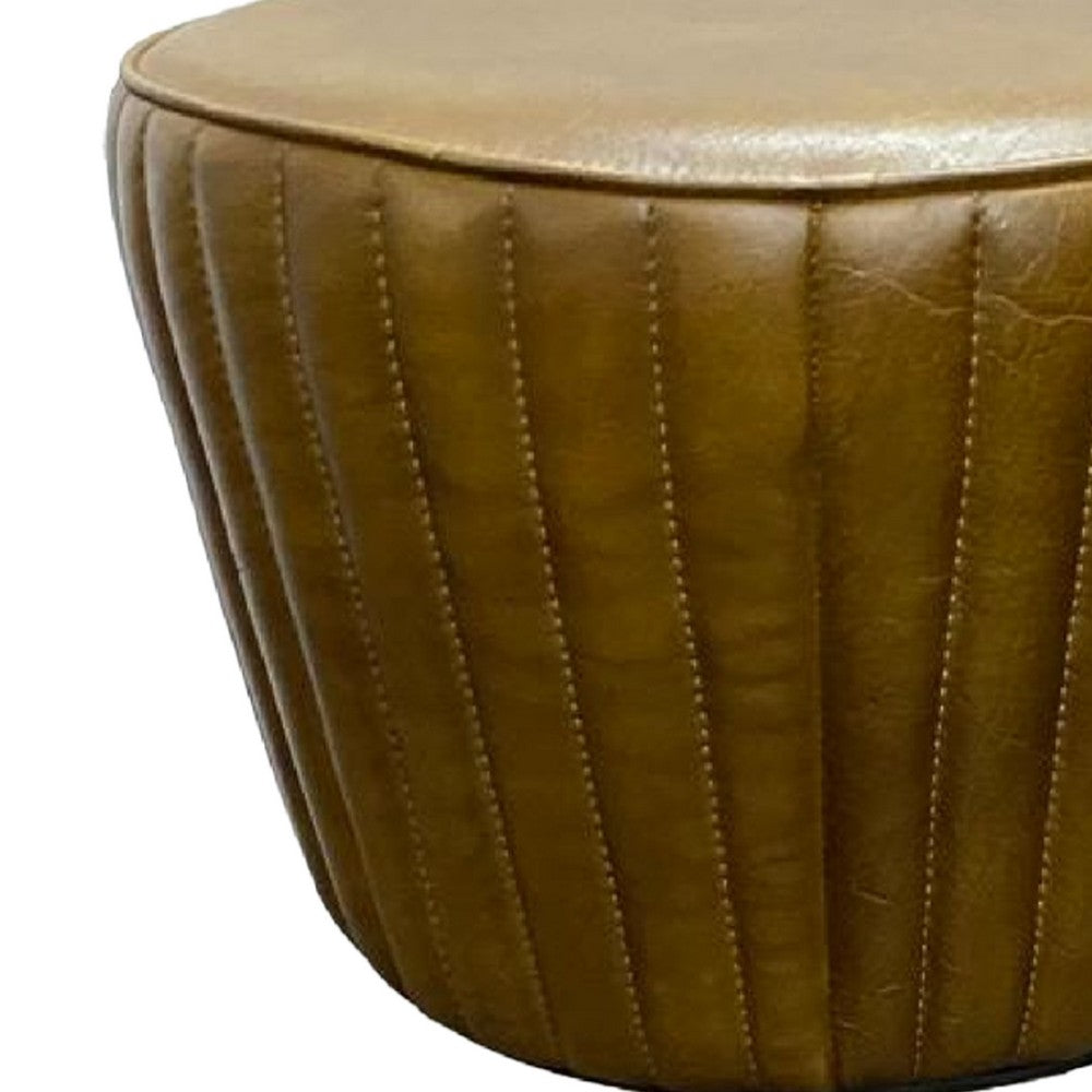 Benjara Myra Mushroom Counter Stool, Brown Ribbed Leather, Dark Gray Iron Base