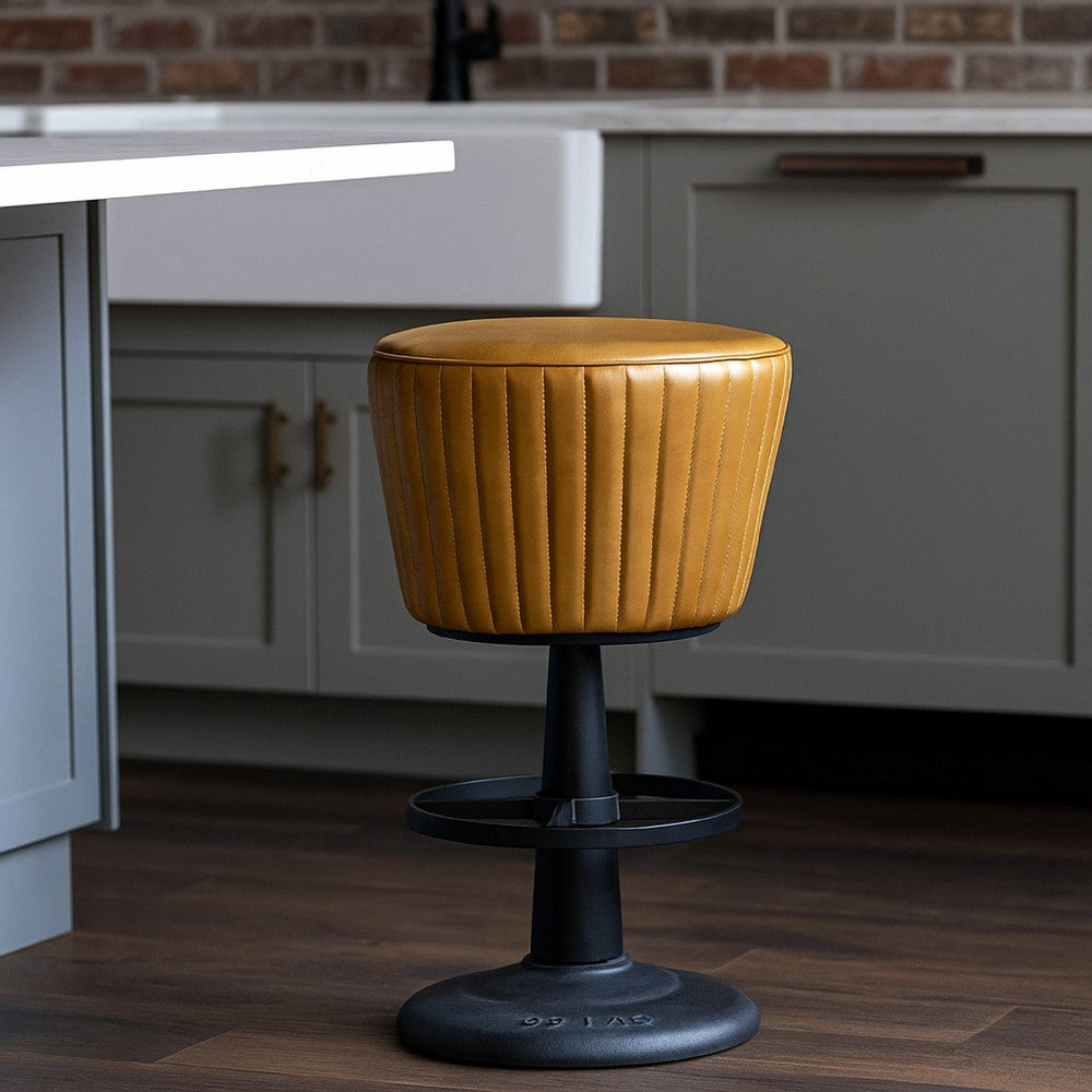 Benjara Myra Mushroom Counter Stool, Brown Ribbed Leather, Dark Gray Iron Base