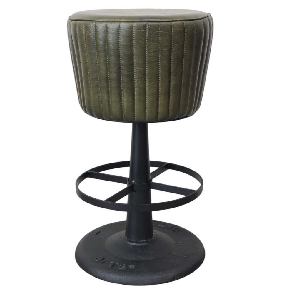 Benjara Myra Mushroom Counter Stool, Green Ribbed Leather, Dark Gray Iron Base