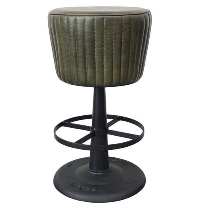 Benjara Myra Mushroom Counter Stool, Green Ribbed Leather, Dark Gray Iron Base