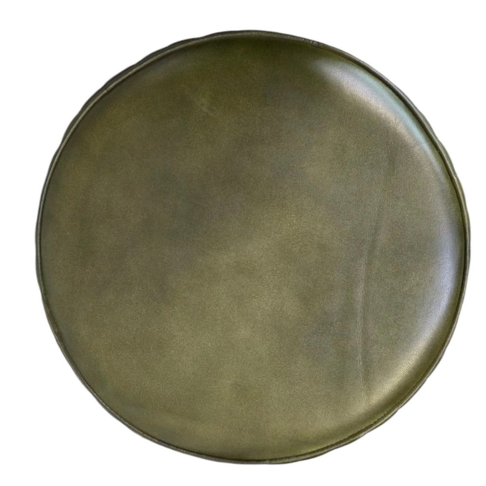 Benjara Myra Mushroom Counter Stool, Green Ribbed Leather, Dark Gray Iron Base