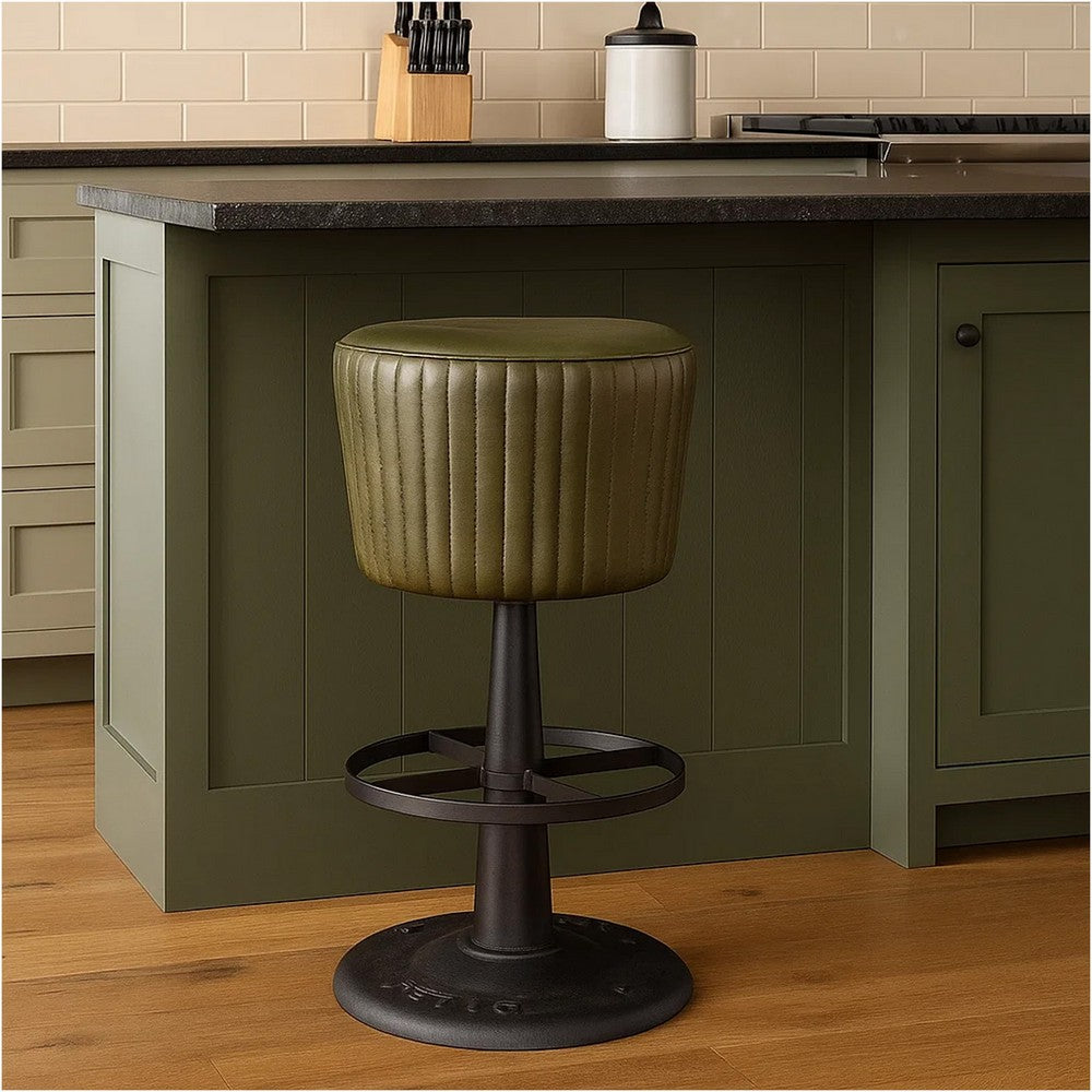 Benjara Myra Mushroom Counter Stool, Green Ribbed Leather, Dark Gray Iron Base
