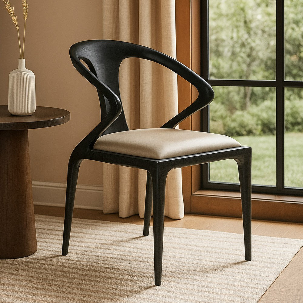 Benjara Cid Syla Dining Chair, Black Ash Wood Frame, Faux Leather Seat