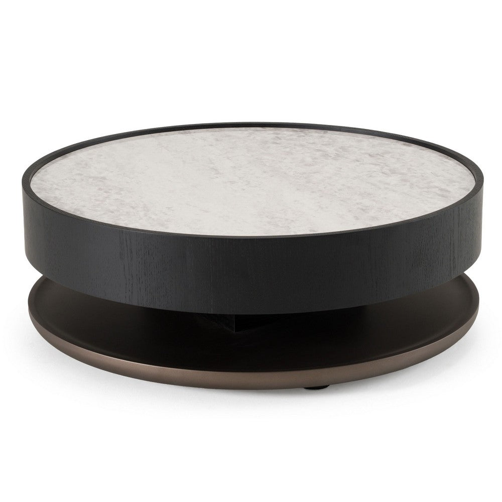 Benjara Cid Mauj Coffee Table, 37 Inch White Ceramic Top, Black Oak Veneer Body