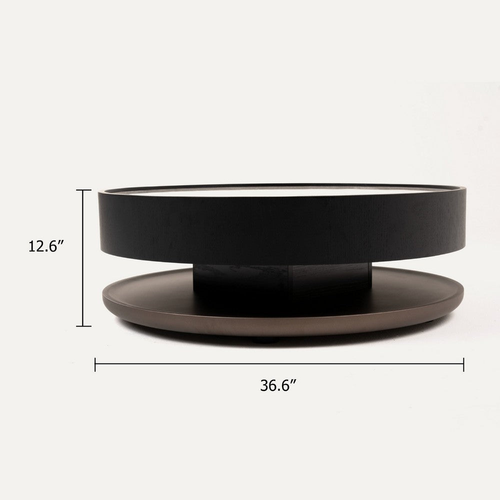 Benjara Cid Mauj Coffee Table, 37 Inch White Ceramic Top, Black Oak Veneer Body