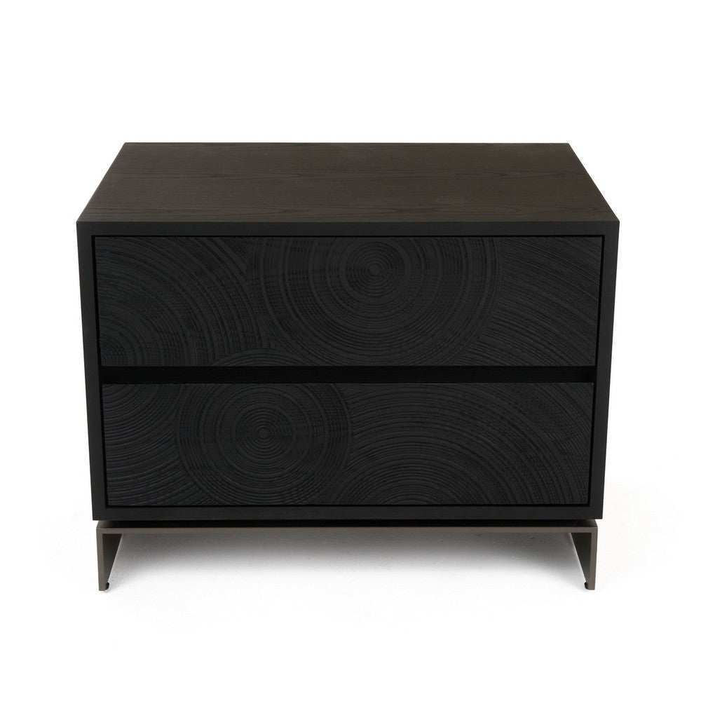 Benjara Niye Nightstand, 2 Drawers, Black Ash Wood And Gray Metal Base, 28 Inch
