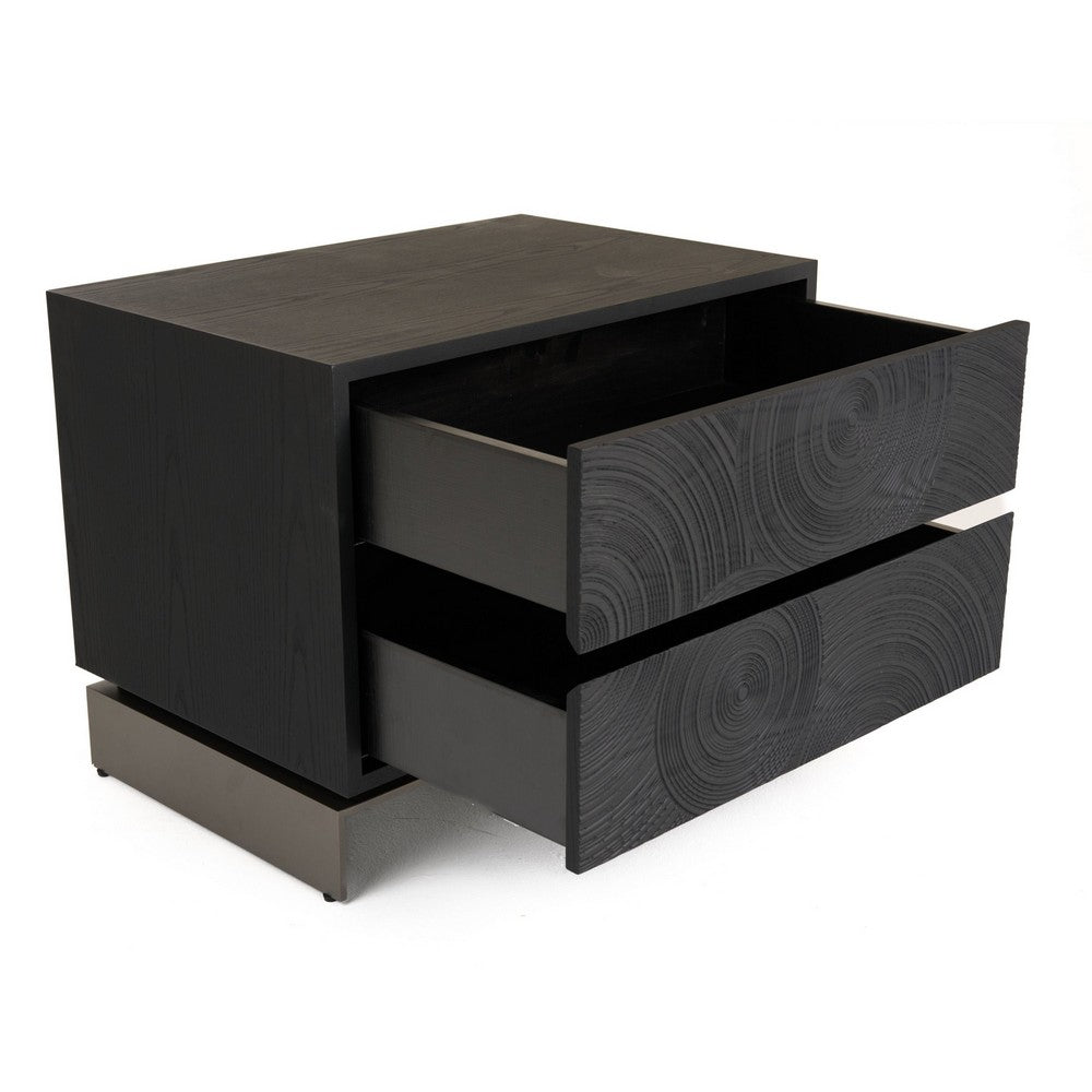 Benjara Niye Nightstand, 2 Drawers, Black Ash Wood And Gray Metal Base, 28 Inch