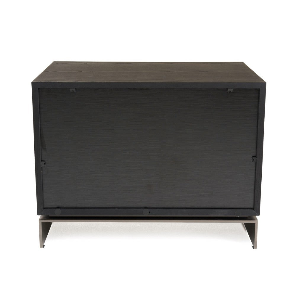 Benjara Niye Nightstand, 2 Drawers, Black Ash Wood And Gray Metal Base, 28 Inch