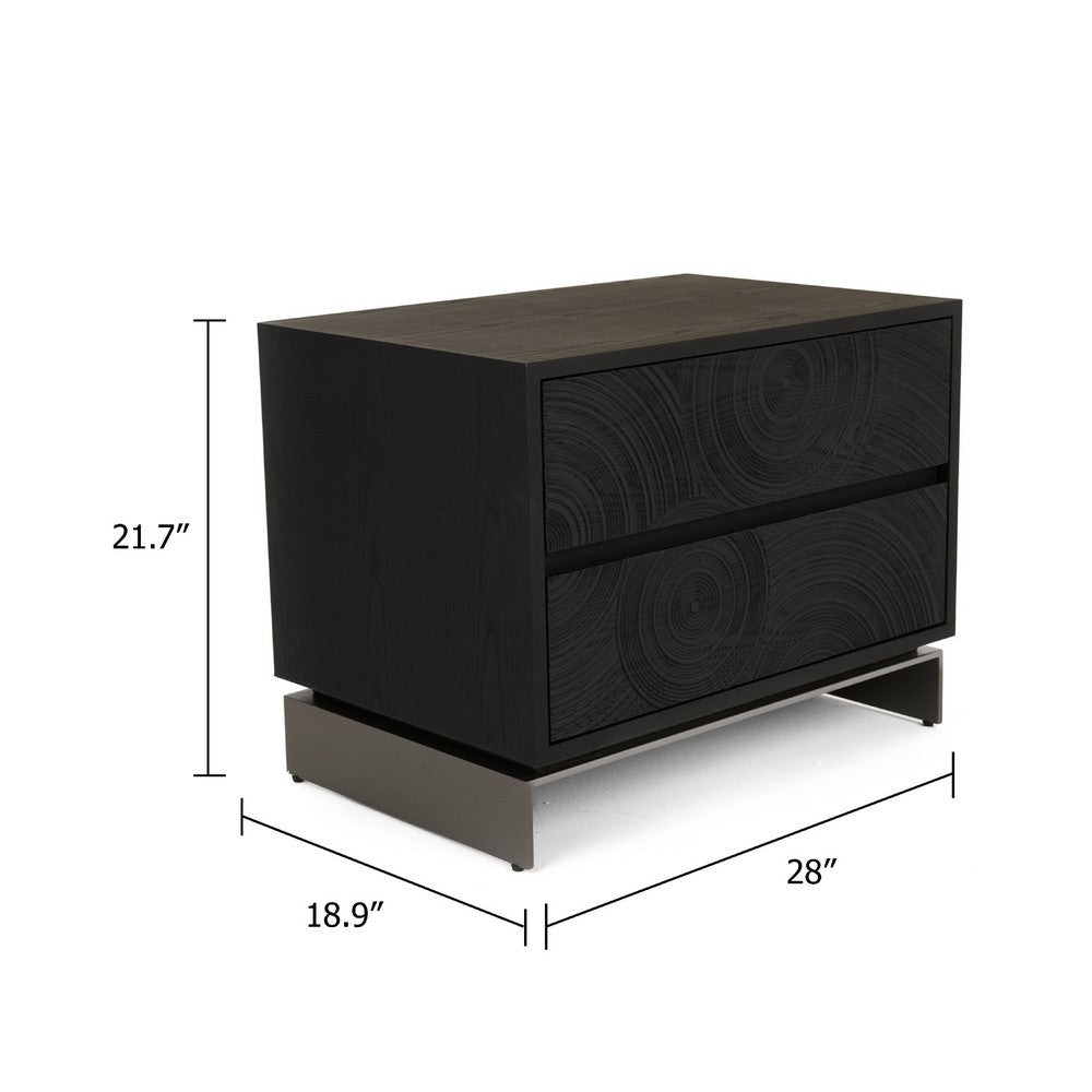 Benjara Niye Nightstand, 2 Drawers, Black Ash Wood And Gray Metal Base, 28 Inch