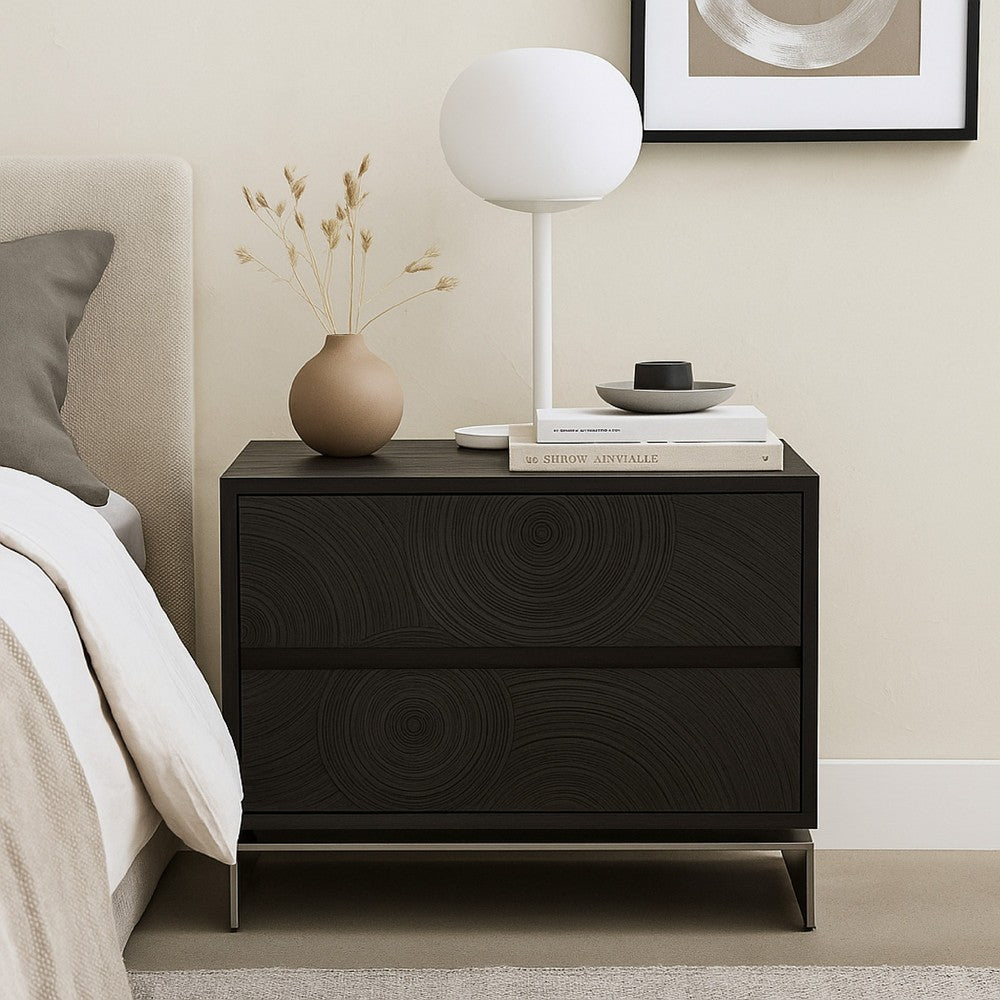 Benjara Niye Nightstand, 2 Drawers, Black Ash Wood And Gray Metal Base, 28 Inch