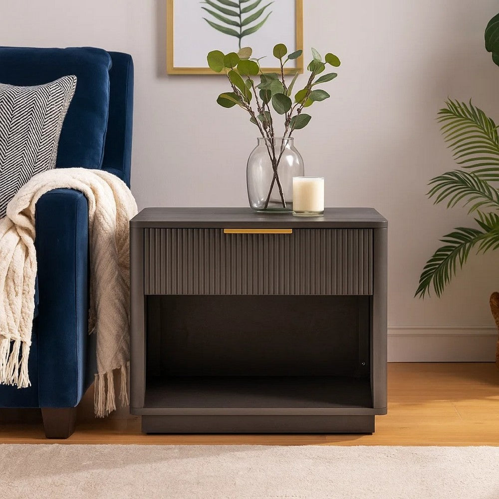 Benjara Noe Celia Nightstand, Retro Gray Rubberwood And Faux Wood, 32 Inch