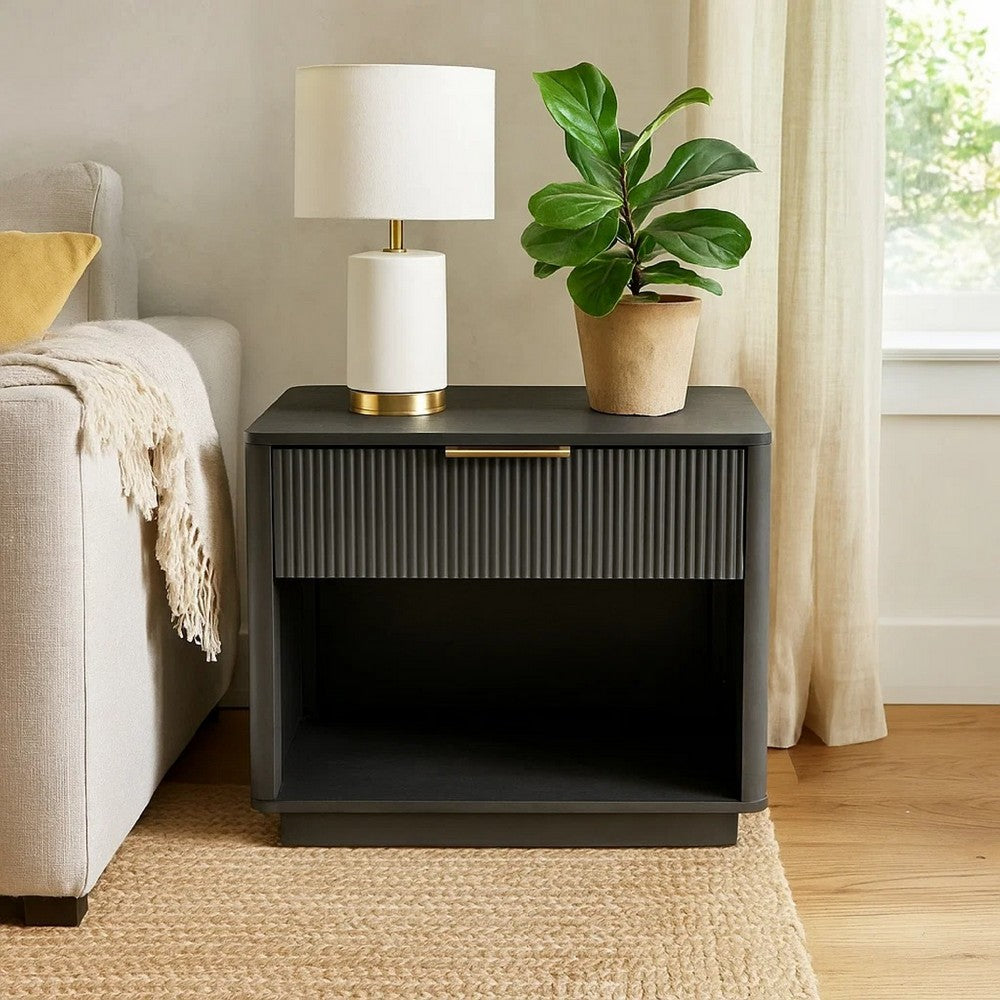 Benjara Noe Celia Nightstand, Retro Gray Rubberwood And Faux Wood, 32 Inch