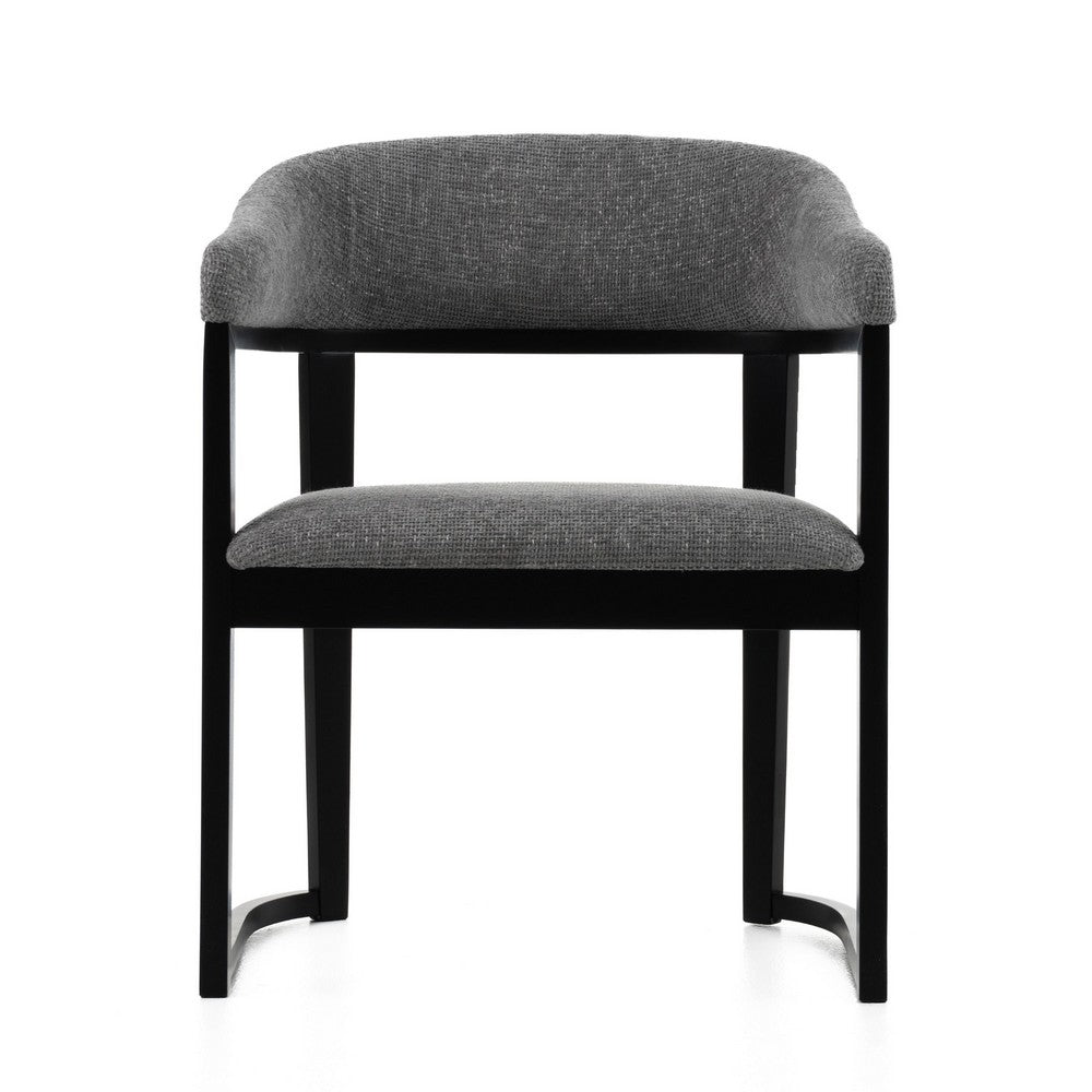 Benjara Cid Mary Dining Chair, Gray Fabric, Curved Black Solid Rubberwood Frame