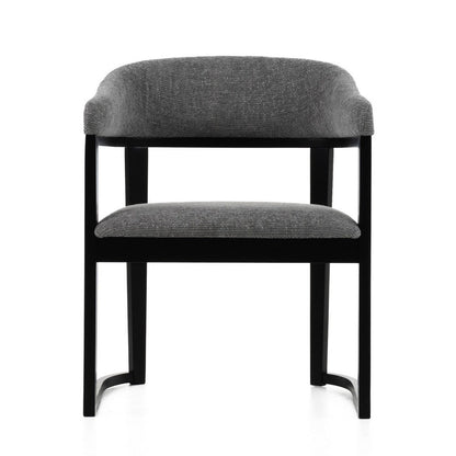 Benjara Cid Mary Dining Chair, Gray Fabric, Curved Black Solid Rubberwood Frame