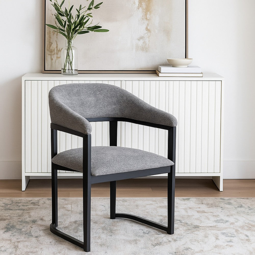 Benjara Cid Mary Dining Chair, Gray Fabric, Curved Black Solid Rubberwood Frame