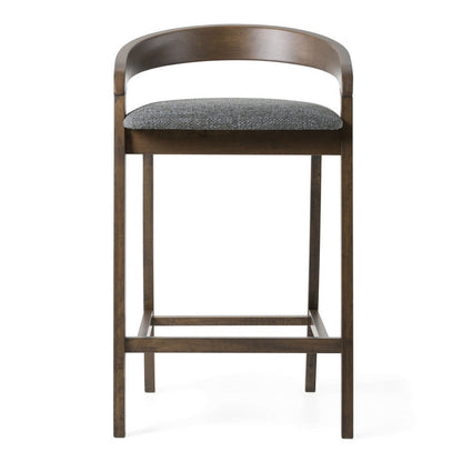 Benjara Cid Lenn Counter Stool Chair Set of 2, Gray Fabric, Curved Brown Rubberwood