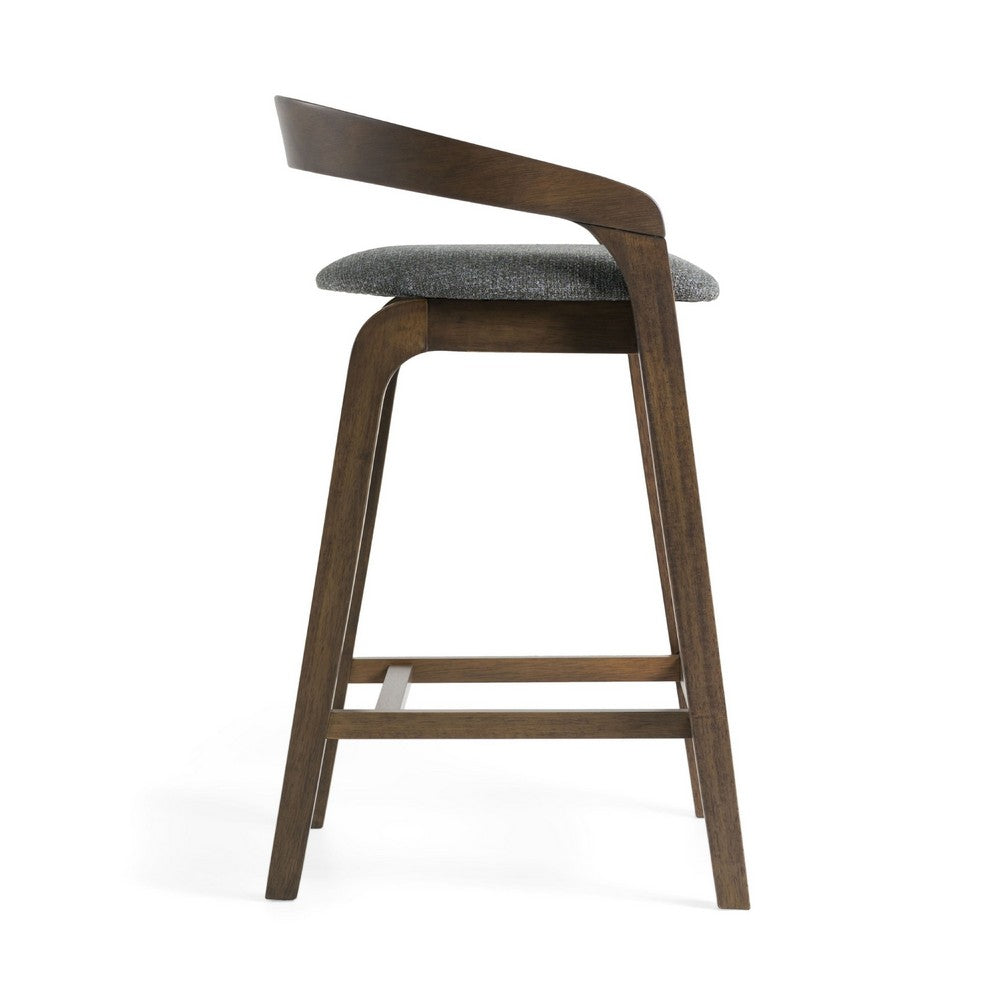 Benjara Cid Lenn Counter Stool Chair Set of 2, Gray Fabric, Curved Brown Rubberwood