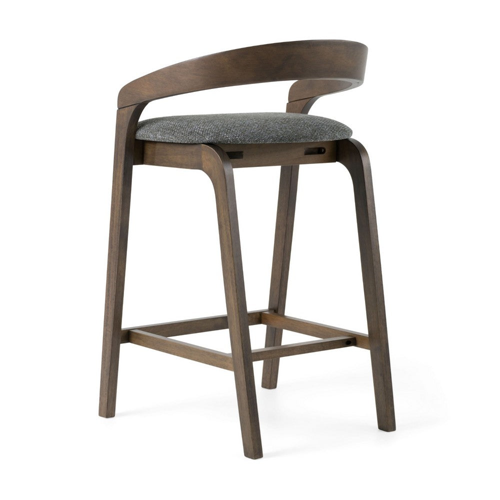 Benjara Cid Lenn Counter Stool Chair Set of 2, Gray Fabric, Curved Brown Rubberwood