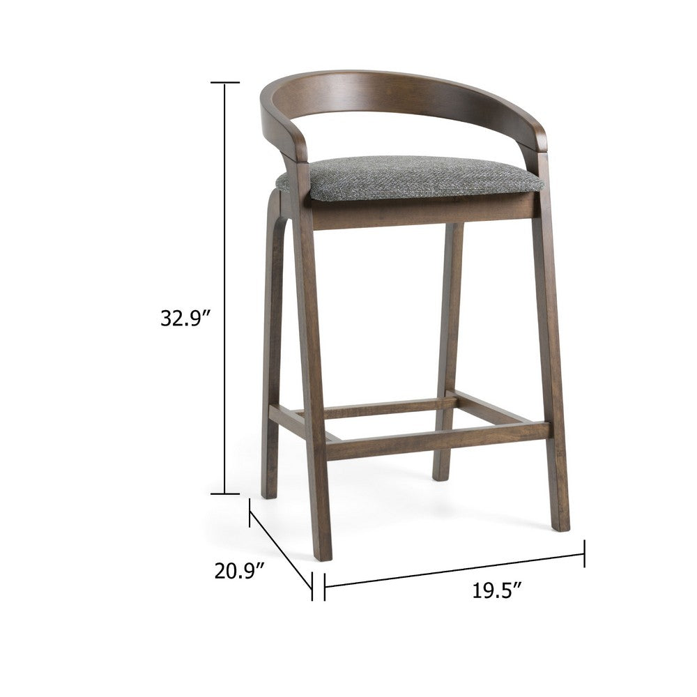 Benjara Cid Lenn Counter Stool Chair Set of 2, Gray Fabric, Curved Brown Rubberwood