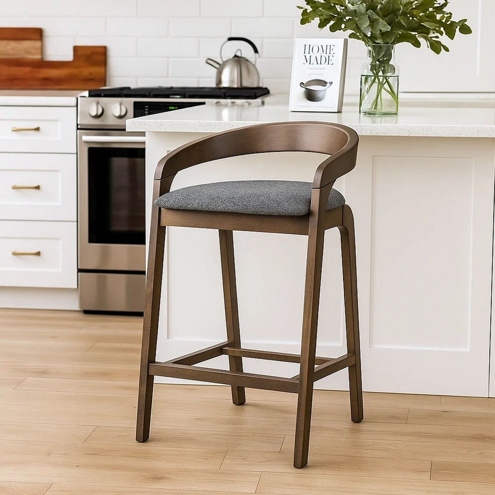 Benjara Cid Lenn Counter Stool Chair Set of 2, Gray Fabric, Curved Brown Rubberwood