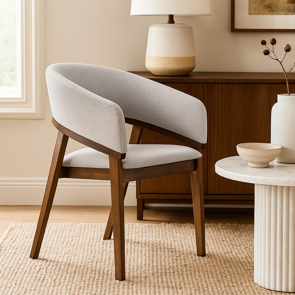 Benjara Cid Naj Dining Chair, Gray Fabric Cushions, Curved Walnut Brown Rubberwood