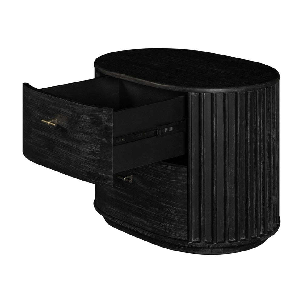 Benjara Fely Nightstand, 2 Drawers, Gold Metal Handles, Black Acacia Veneer