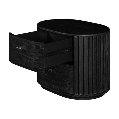 Benjara Fely Nightstand, 2 Drawers, Gold Metal Handles, Black Acacia Veneer