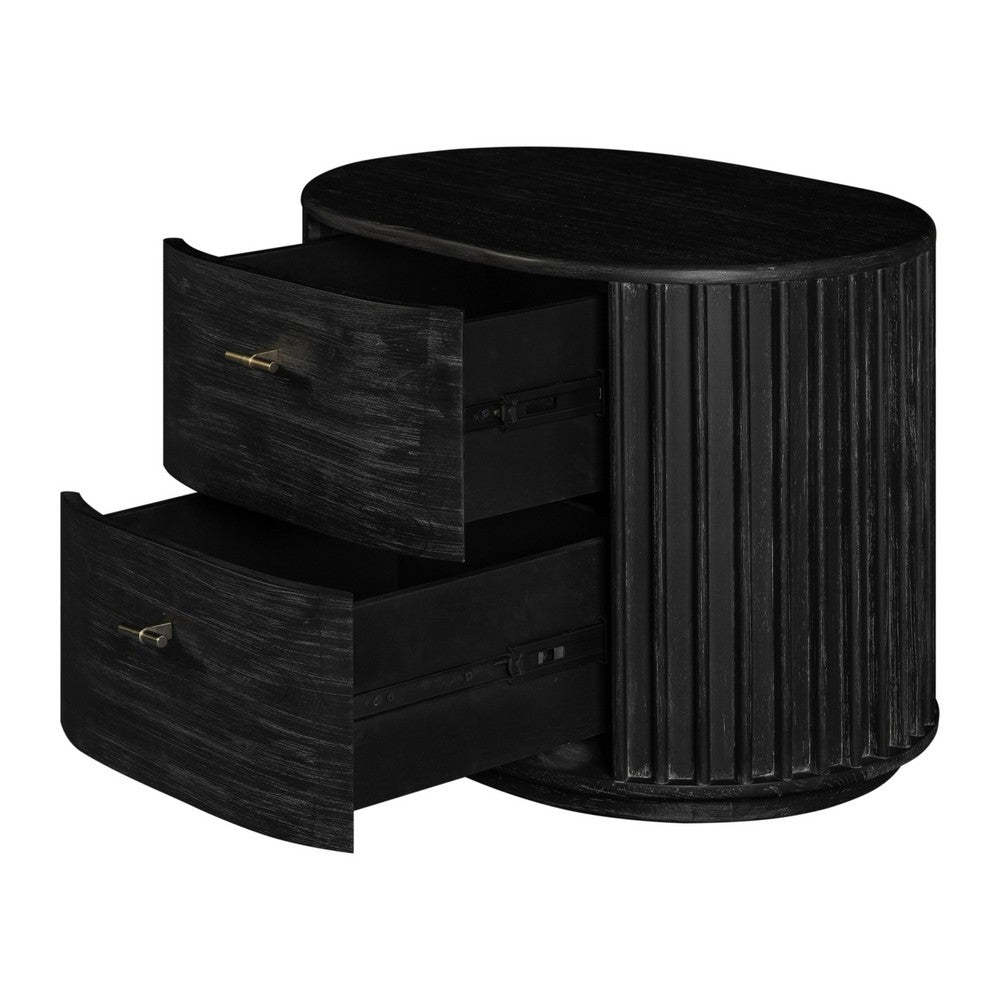 Benjara Fely Nightstand, 2 Drawers, Gold Metal Handles, Black Acacia Veneer