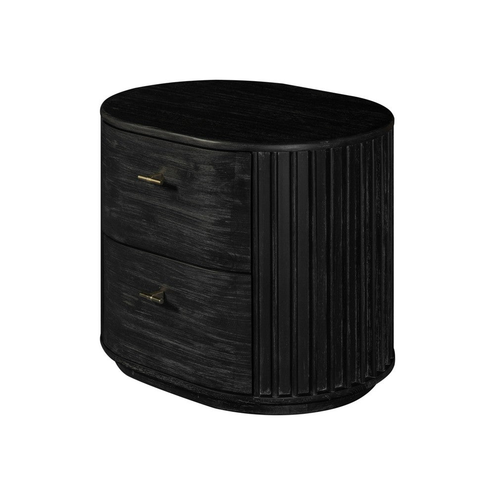 Benjara Fely Nightstand, 2 Drawers, Gold Metal Handles, Black Acacia Veneer