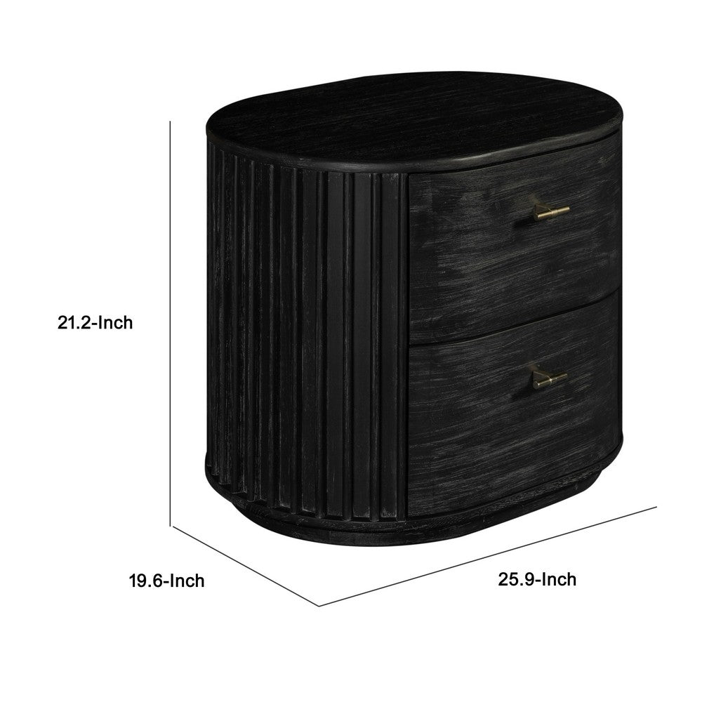 Benjara Fely Nightstand, 2 Drawers, Gold Metal Handles, Black Acacia Veneer