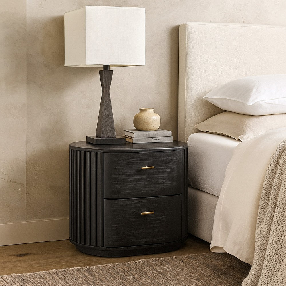 Benjara Fely Nightstand, 2 Drawers, Gold Metal Handles, Black Acacia Veneer